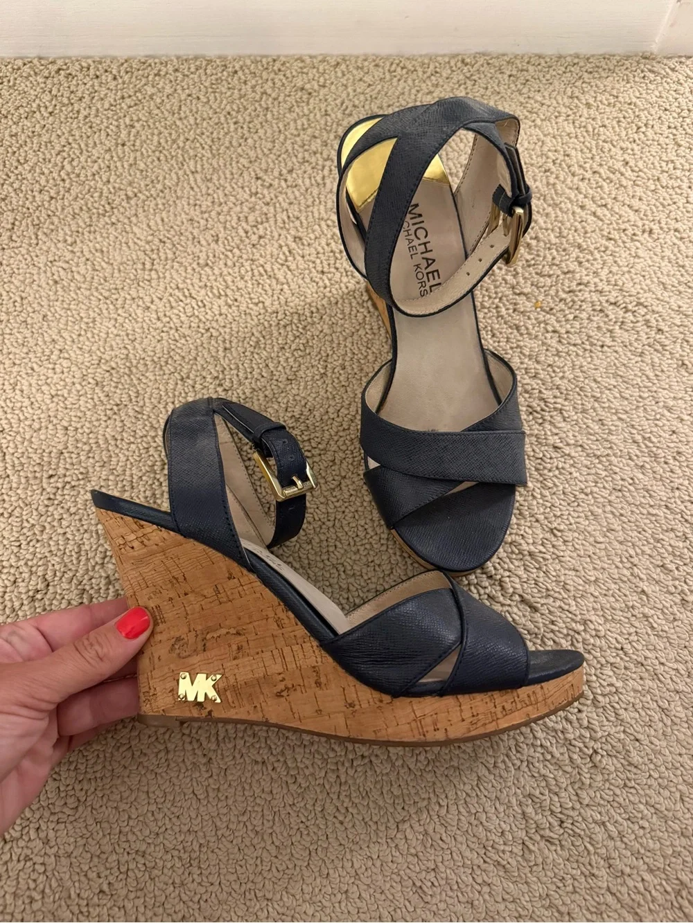Michael Kors Navy Leather Wedge Sandals with Cork Heel